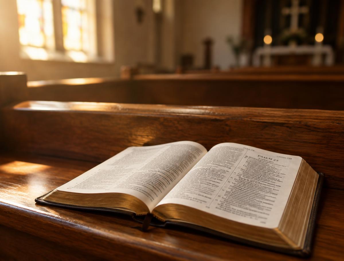 Open Bible on a pew